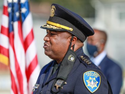 OAKLAND, CA - FEB. 8: Oakland Police Chief LeRonne Armstrong speaks after being sworn in at his alma mater, McClymonds High School on Monday, Feb. 8, 2021 in Oakland, California. (Gabrielle Lurie/The San Francisco Chronicle via Getty Images)