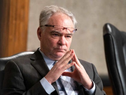 Sen. Tim Kaine (D-VA) listens during a Senate Armed Services Committee hearing March 25, 2021 on Capitol Hill in Washington DC. The committee is hearing testimony regarding the defense authorization request for fiscal year 2022. (Photo by Anna Moneymaker-Pool/Getty Images)