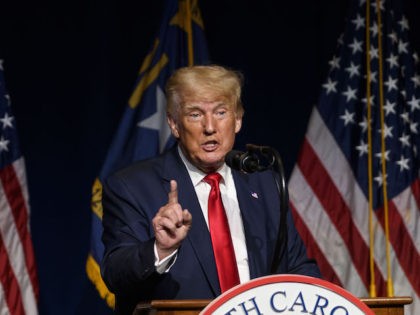 GREENVILLE, NC - JUNE 05: Former U.S. President Donald Trump addresses the NCGOP state convention on June 5, 2021 in Greenville, North Carolina. The event is one of former U.S. President Donald Trumps first high-profile public appearances since leaving the White House in January. (Photo by Melissa Sue Gerrits/Getty Images)