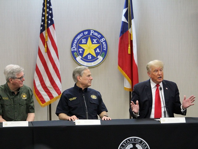 Former President Donald Trump, with Governor Greg Abbott and Lt. Governor Dan Patrick, responds to Texas border briefing. (Photo: Randy Clark/Breitbart Texas)