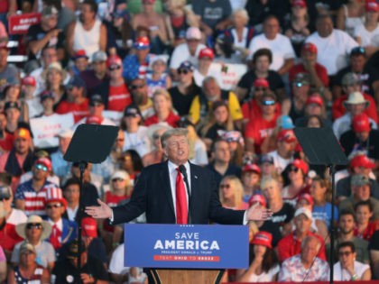 WELLINGTON, OHIO - JUNE 26: Former US President Donald Trump speaks to supporters during a rally at the Lorain County Fairgrounds on June 26, 2021 in Wellington, Ohio. Trump is in Ohio to campaign for his former White House advisor Max Miller. Miller is challenging incumbent Rep. Anthony Gonzales in …
