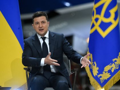 Ukrainian President Volodymyr Zelensky holds a press conference at the Antonov aircraft manufacturing plant in Kiev on May 20, 2021. (Photo by SERGEI SUPINSKY / AFP) (Photo by SERGEI SUPINSKY/AFP via Getty Images)