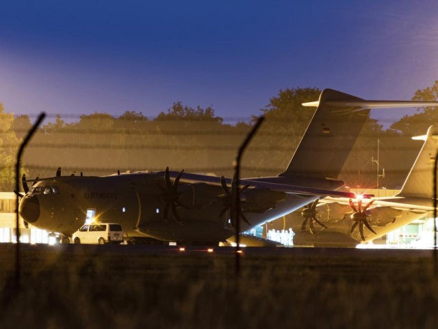 A military transport aircraft, an Airbus A400 M of the German Air Force, stands at the Wun