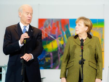 BERLIN, GERMANY - FEBRUARY 1: U.S. Vice President Joe Biden and German Chancellor Angela Merkel speak to the media prior to talks at the Chancellery on February 1, 2013 in Berlin, Germany. The two are meeting ahead of the Munich Security Conference, which takes place from February 1-3. (Photo by …