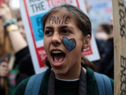 LONDON, ENGLAND - MARCH 15: A girl wears face paint as schoolchildren take part in a student climate protest on March 15, 2019 in London, England. Thousands of pupils from schools, colleges and universities across the UK will walk out today in the second major strike against climate change this …