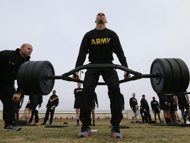 In this Jan. 8, 2019, photo, U.S Army 1st Lt. Mitchel Hess participates in a weight liftin