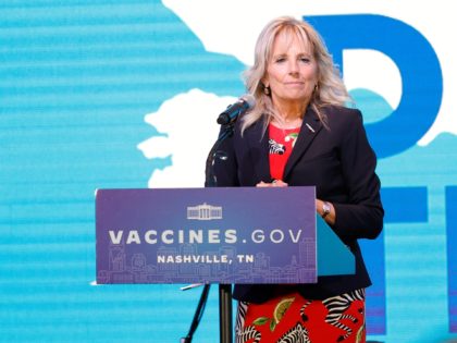 NASHVILLE, TENNESSEE - JUNE 22: First Lady Jill Biden speaks at a Pop-Up Vaccination site