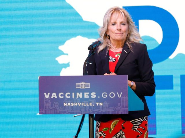 NASHVILLE, TENNESSEE - JUNE 22: First Lady Jill Biden speaks at a Pop-Up Vaccination site at Ole Smoky Distillery on June 22, 2021 in Nashville, Tennessee. (Photo by Jason Kempin/Getty Images)