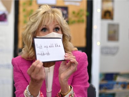 US First Lady Jill Biden visits Connor Downs Academy in Hayle, Cornwall on the sidelines of the G7 summit on June 11, 2021. (Photo by DANIEL LEAL-OLIVAS / POOL / AFP) (Photo by DANIEL LEAL-OLIVAS/POOL/AFP via Getty Images)
