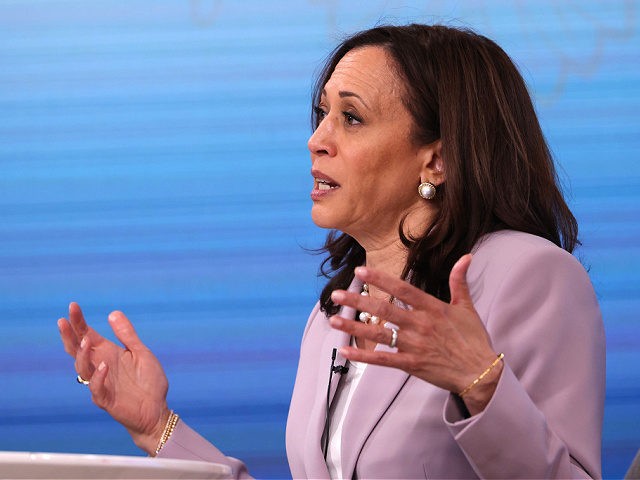 WASHINGTON, DC - JUNE 23: U.S. Vice President Kamala Harris gestures as she gives remarks before the start of a virtual listening session in the South Court Auditorium at the White House complex on June 23, 2021 in Washington, DC. Following the Senate blocking the “For the People Act,” the …