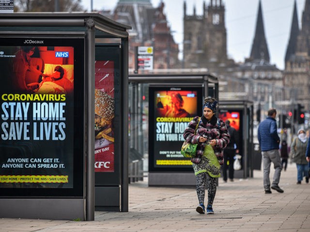 EDINBURGH, SCOTLAND - APRIL 17: Members of the public are seen out on Princess Street during the coronavirus pandemic on April 17, 2020 in Edinburgh, Scotland.The Coronavirus (COVID-19) pandemic has spread to many countries across the world, claiming over 120,000 lives and infecting over 2 million people. (Photo by Jeff …
