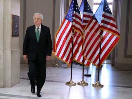 WASHINGTON, DC - MAY 20: Senate Minority Leader Mitch McConnell (R-KY) arrives for a Senate Republican caucus luncheon meeting in the Russell Senate Office Building on Capitol Hill on May 20, 2021 in Washington, DC. Republicans in the Senate appear to be poised to vote against the formation of a …