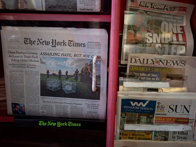 The front pages of The New York Times, New York Post, New York Daily News and Baltimore Sun newspapers are seen at a convenience store in Washington, DC, on August 6, 2019. (Photo by Alastair Pike / AFP) (Photo by ALASTAIR PIKE/AFP via Getty Images)