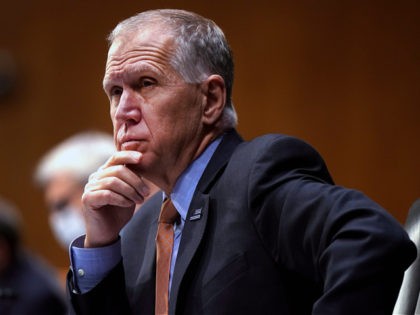 WASHINGTON, DC - JANUARY 27: Sen. Thom Tillis (R-NC) listens at the confirmation hearing for Secretary of Veterans Affairs nominee Denis McDonough before the Senate Veterans' Affairs Committee on Capitol Hill January 27, 2021 in Washington, DC. Previously McDonough was White House Chief of Staff and Deputy National Security Advisor …
