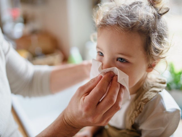 Unrecognizable father blowing nose of small sick daughter indoors at home. - stock photo U