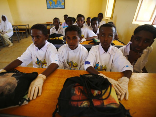 Sudanese students attend a class at the UNICEF-funded Ad Saidna school in the countryside