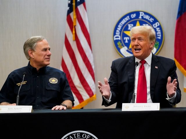 Texas Gov. Greg Abbott and former President Donald Trump attend a briefing with state offi