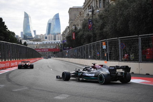 In a corner: Lewis Hamilton was chasing the Red Bulls all weekend in his Mercedes