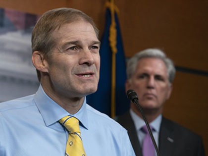 Rep. Jim Jordan, R-Ohio, a member of the House Judiciary Committee, center, flanked by Minority Whip Steve Scalise, R-La., left, and House Republican Leader Kevin McCarthy, D-Calif., criticizes House Speaker Nancy Pelosi, D-Calif., and the Democrats for launching a formal impeachment inquiry against President Donald Trump, at the Capitol in …