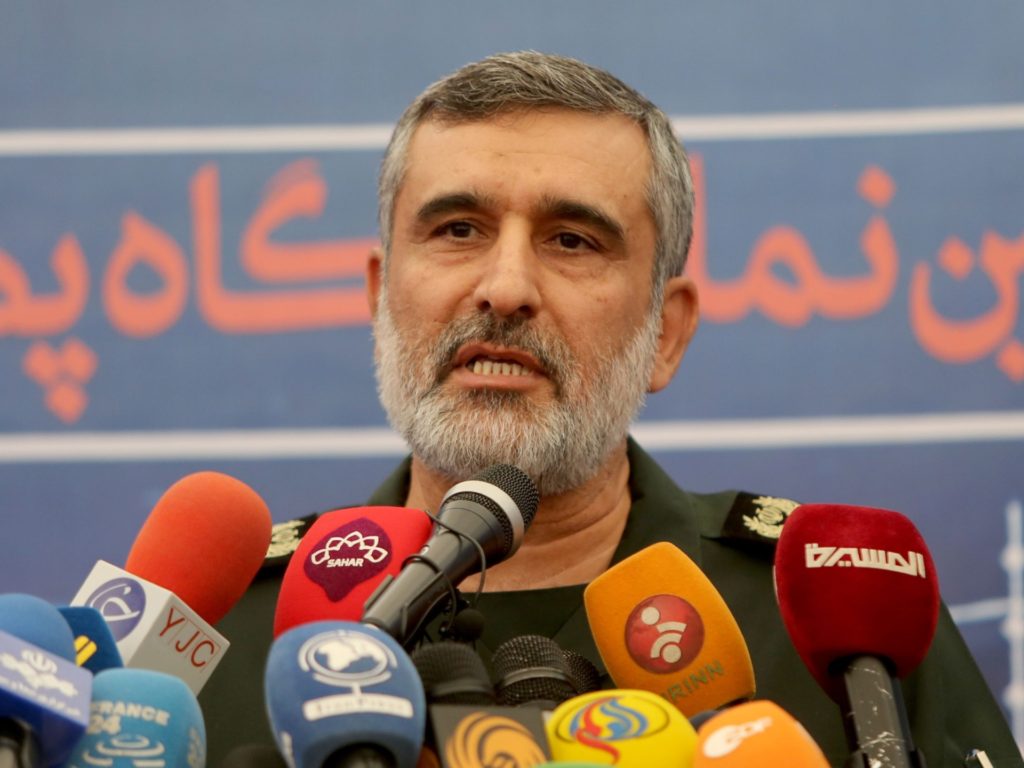 General Amir Ali Hajizadeh, the head of the Revolutionary Guard's aerospace division, speaks at Tehran's Islamic Revolution and Holy Defence museum, during the unveiling of an exhibition of what Iran says are US and other drones captured in its territory, in the capital Tehran on September 21, 2019. - Iran's Revolutionary Guards commander today warned any country that attacks the Islamic republic will see its territory become the "main battlefield" as he opened an exhibition of captured drones. (Photo by ATTA KENARE / AFP) (Photo by ATTA KENARE/AFP via Getty Images)