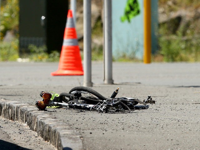 AUCKLAND, NEW ZEALAND - JANUARY 07: A crumpled bike is pictured on the side of the road af