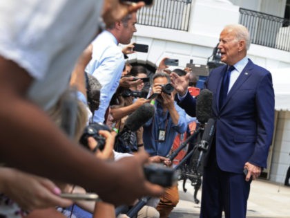 WASHINGTON, DC - JULY 16: U.S. President Joe Biden stops to take a question from NBC correspondent Peter Alexander while departing the White House on July 16, 2021 in Washington, DC. Biden is spending the weekend at Camp David. (Photo by Chip Somodevilla/Getty Images)