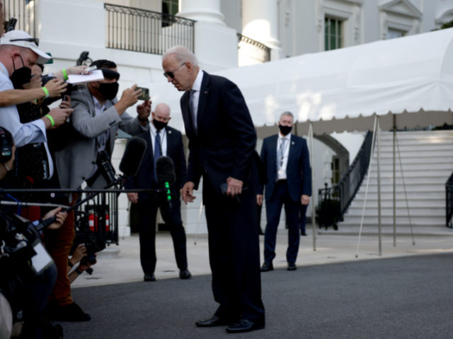 WASHINGTON, DC - JULY 30: U.S. President Joe Biden speaks to reporters before walking to Marine One for a departure from the South Lawn of the White House on July 30, 2021 in Washington, DC. President Biden is spending the weekend at Camp David. (Photo by Anna Moneymaker/Getty Images)
