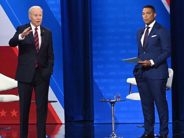 US President Joe Biden participates in a CNN Town Hall hosted by Don Lemon (R) at Mount St