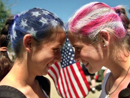 Erica Cook, left, 14, and her sister Jessica Cook, 19, of Burlingame, Calif., use their painted hair to form the American flag prior to the Women's World Cup soccer semifinal game in Stanford, Calif., Sunday, July, 4, 1999. There's a new generation of young, female soccer fans united by their …