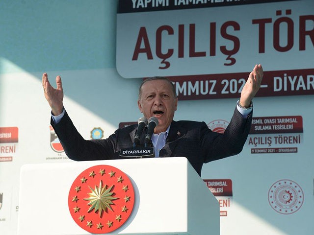 Turkey's President Recep Tayyip Erdogan gestures as he delivers a speech during the opening ceremony of Bismil Agricultural Irrigation Facilities in Diyarbakir, on July 9, 2021. (Photo by Ilyas AKENGIN / AFP) (Photo by ILYAS AKENGIN/AFP via Getty Images)
