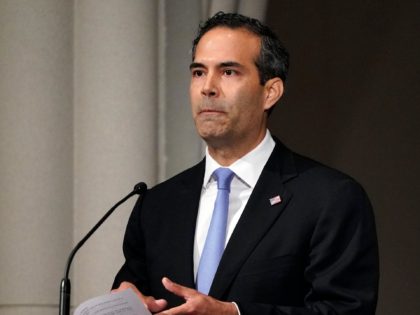 HOUSTON, TX - DECEMBER 06: (AFP-OUT) George P. Bush pauses as he gives a eulogy during the funeral for former President George H.W. Bush at St. Martin's Episcopal Church, on December 6, 2018 in Houston, Texas. President Bush will be buried at his final resting place at the George H.W. …