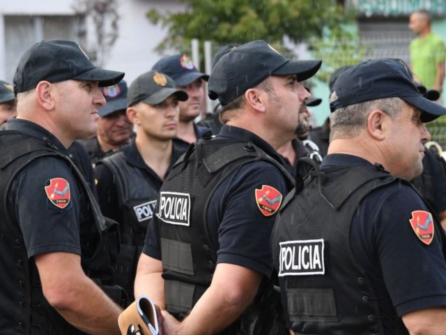 Albanian special policemen take part in a security briefing at the Elbasan Arena stadium b