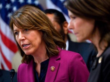 Congresswoman Cindy Axne (D-IA) speaks as Cheri Bustos (D-IL) (R) looks on during a press conference with other Mayor's and House of Representative members calling on US President Donald Trump and Congress to end the shutdown in Washington, DC on January 24, 2019. (Photo by ANDREW CABALLERO-REYNOLDS / AFP) (Photo …