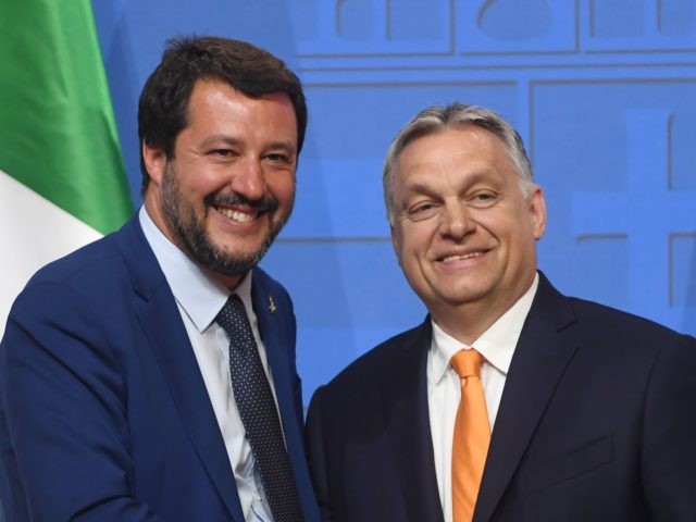 Italian Deputy Premier and Interior Minister Matteo Salvini (L) is welcomed by Hungarian Prime Minister Viktor Orban (R) in the Carmelite monastery of the prime minister's office in Budapest on May 2, 2019 during their press conference - Salvini is on a one-day official visit to Hungary. (Photo by ATTILA …