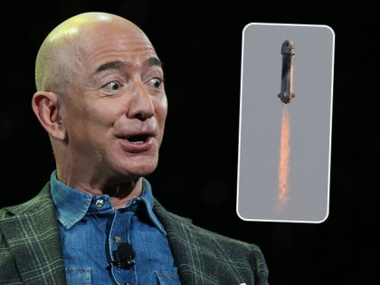 (INSET: Blue Origin rocket) Amazon Founder and CEO Jeff Bezos addresses the audience durin