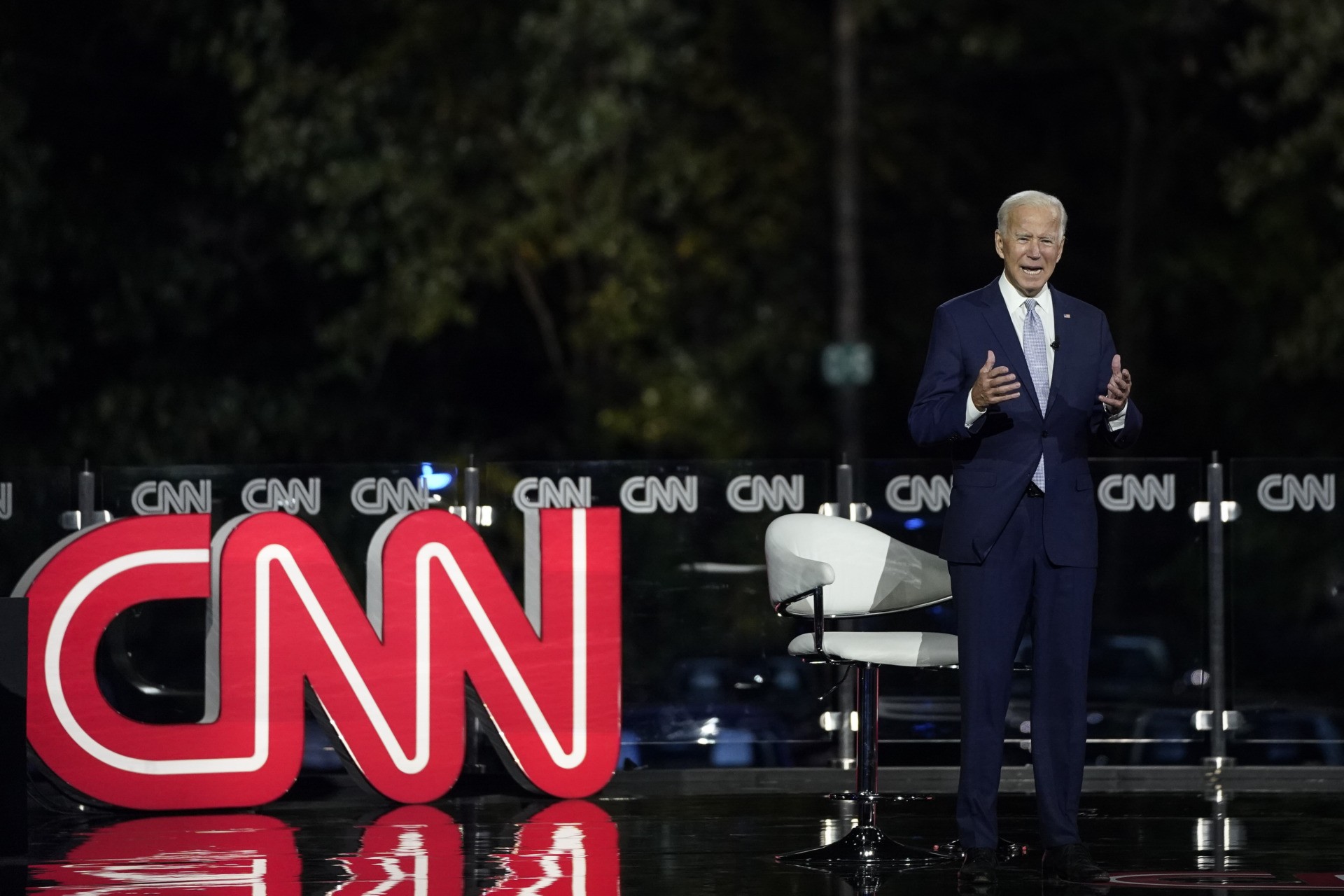 MOOSIC, PA - SEPTEMBER 17: Democratic presidential nominee and former Vice President Joe Biden participates in a CNN town hall event on September 17, 2020 in Moosic, Pennsylvania. Due to the coronavirus, the event is being held outside with audience members in their cars. Biden grew up nearby in Scranton, Pennsylvania. (Photo by Drew Angerer/Getty Images)