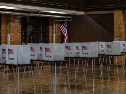 Empty voting booths are seen in Flint, Michigan at the Berston Fieldhouse polling place on