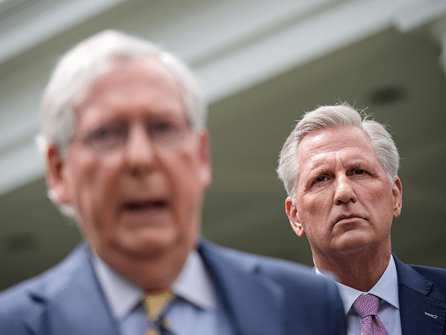 (L-R) Senate Minority Leader Mitch McConnell (R-KY) and House Minority Leader Kevin McCarthy (R-CA) address reporters outside the White House after their Oval Office meeting with President Joe Biden on May 12, 2021 in Washington, DC. Biden and Vice President Kamala Harris met with Congressional leadership on Wednesday, in an …