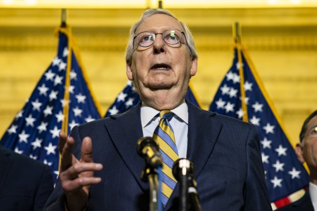 WASHINGTON, DC - JUNE 08: Senate Minority Leader Mitch McConnell (R-KY) speaks during a press conference following the Republicans policy luncheon in the Russell Senate Office Building on June 8, 2021 in Washington, DC. Senate Democrats and Republicans are continuing their negations on President Joe Bidens infrastructure plan and have …