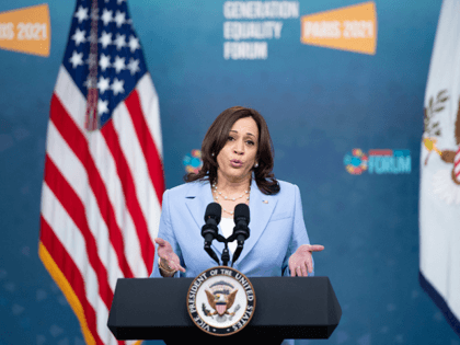 US Vice President Kamala Harris speaks remotely to the Generation Equality Forum in Paris from the Eisenhower Executive Office Building in Washington, DC, June 30, 2021. (Photo by SAUL LOEB / AFP) (Photo by SAUL LOEB/AFP via Getty Images)
