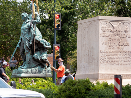 The statue of Meriwether Lewis, William Clark and Sacagawea is removed from Charlottesville, Virginia on July 10, 2021. - The southern US city of Charlottesvill took down two statues honoring Civil War generals for the pro-slavery Confederacy which had become the focus of protests, including a deadly 2017 rally of …