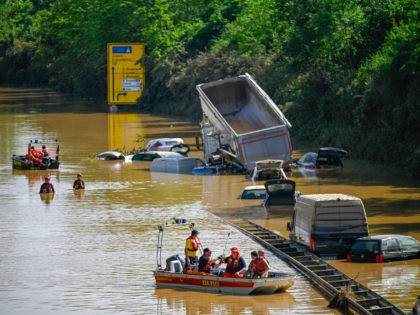 ERFTSTADT, GERMANY - JULY 17: Search and rescue teams are seen on a flooded and damaged part of the highway (A1) on July 17, 2021 in Erftstadt, Germany. The death toll in western Europe rose to 150 after record rainfall this week caused rivers to burst their banks, resulting in …