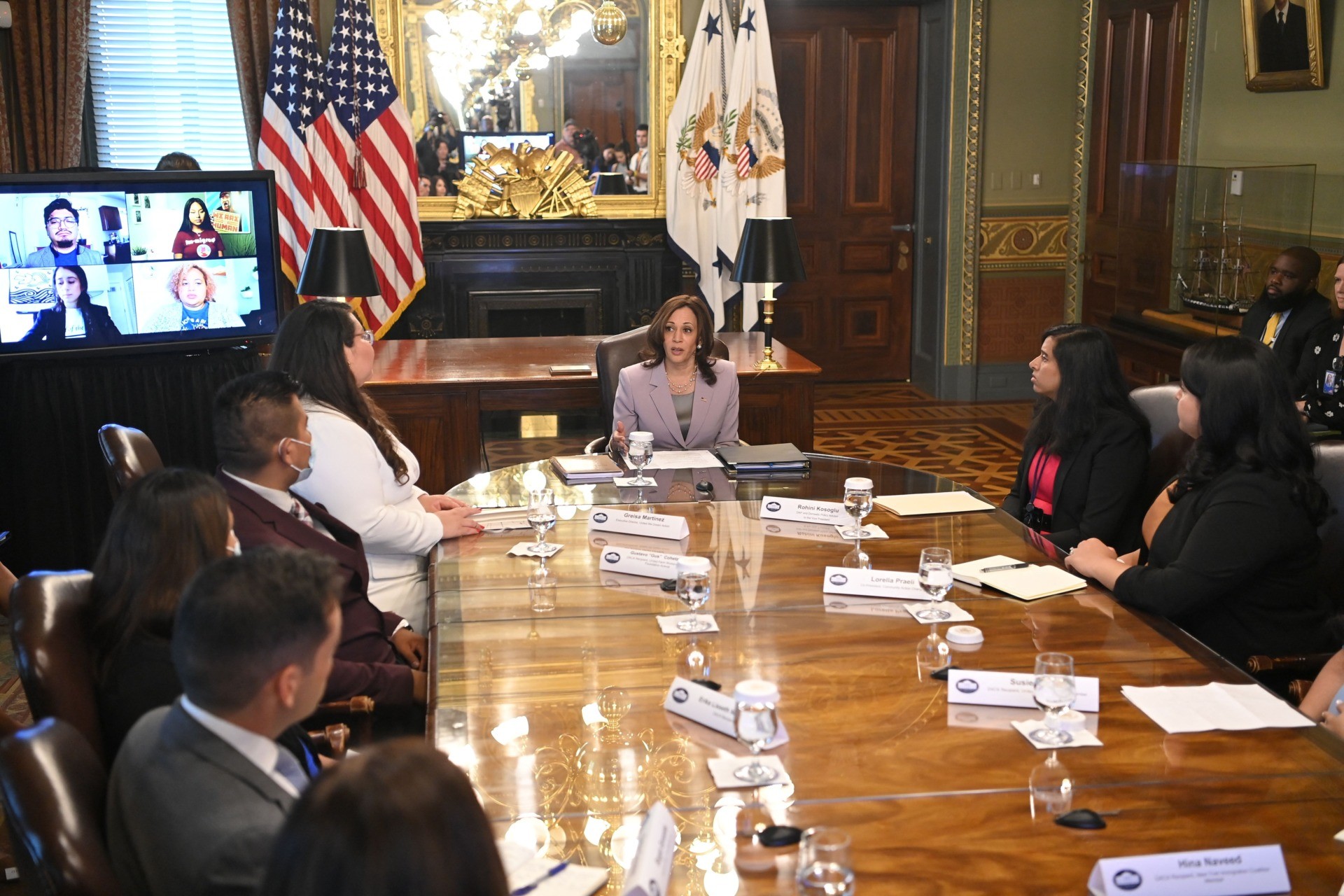 US Vice President Kamala Harris (C) speaks during a discussion with Deferred Action for Childhood Arrivals (DACA) stakeholders in her ceremonial office in the Eisenhower Executive Office Building, next to the White House in Washington, DC on July 22, 2021. (Photo by MANDEL NGAN / AFP) (Photo by MANDEL NGAN/AFP via Getty Images)