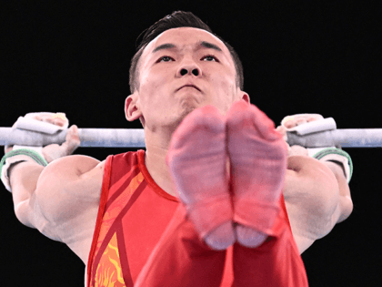 China's Wei Sun competes in the horizontal bar event of the artistic gymnastics men's all-around final during the Tokyo 2020 Olympic Games at the Ariake Gymnastics Centre in Tokyo on July 28, 2021. (Photo by Lionel BONAVENTURE / AFP) (Photo by LIONEL BONAVENTURE/AFP via Getty Images)