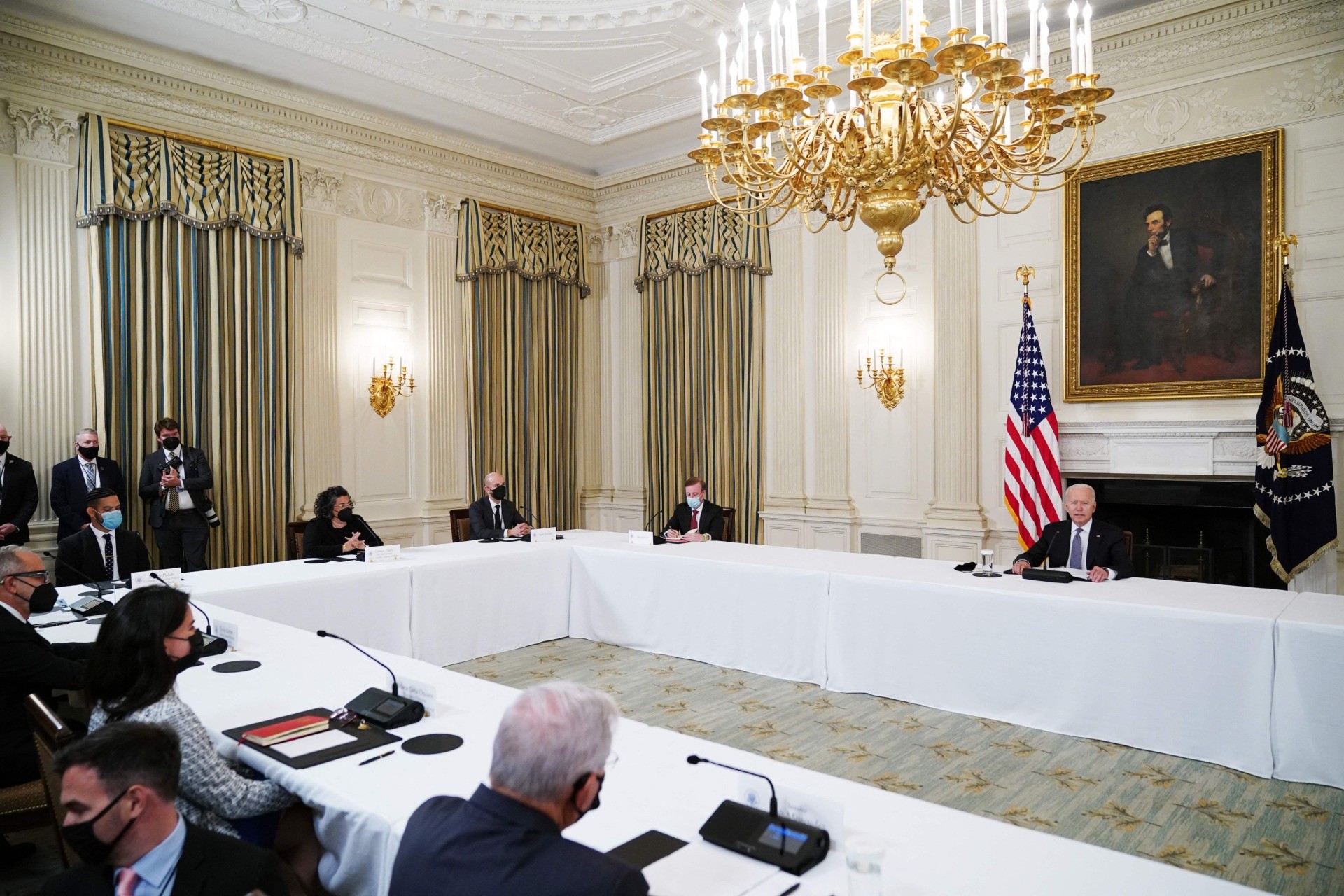 US President Joe Biden speaks during a meeting with Cuban-American leaders in the State Dining Room of the White House in Washington, DC on July 30, 2021. - The US Treasury announced sanctions July 30, 2021 on two top Cuban police officials as well as the country's entire National Revolutionary Police for their roles in suppressing anti-government demonstrations that began July 11. (Photo by MANDEL NGAN / AFP) (Photo by MANDEL NGAN/AFP via Getty Images)