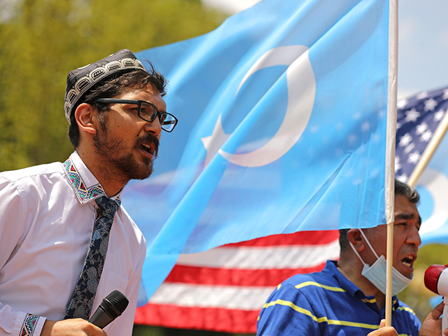 Salih Hudayar, founder of the East Turkistan National Awakening Movement, leads a rally outside the White House to urge the United States to end trade deals with China and take action to stop the oppression of the Uyghur and other Turkic peoples August 14, 2020 in Washington, DC. The ETNAM and East Turkistan Government in Exile (ETGE) groups submitted evidence to the international criminal court, calling for an investigation into senior Chinese officials, including Xi Jinping, for genocide and crimes against humanity. (Photo by Chip Somodevilla/Getty Images)