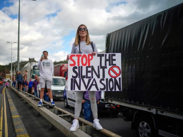 DOVER, ENGLAND - SEPTEMBER 05: Anti-migrant protesters demonstrate against immigration and