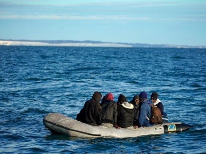 DOVER, ENGLAND - SEPTEMBER 06: Nine migrants drift in the English Channel after their engine failed on September 06, 2020 in Dover, England. The nine male migrants were making their way to the South Coast of England when their outboard motor failed and only had one life jacket amongst them. …