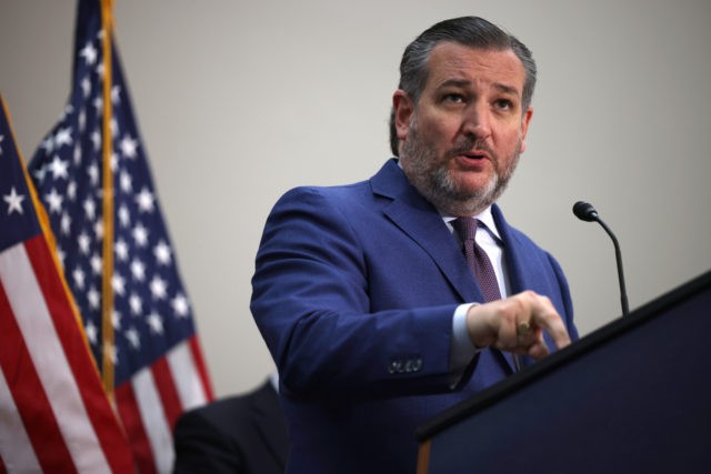WASHINGTON, DC - MAY 12: Sen. Ted Cruz (R-TX) gestures as he speaks during a news conference on the U.S. Southern Border and President Joe Biden’s immigration policies, in the Hart Senate Office Building on May 12, 2021 in Washington, DC. Homeland Security Secretary Alejandro Mayorkas will testify on May …