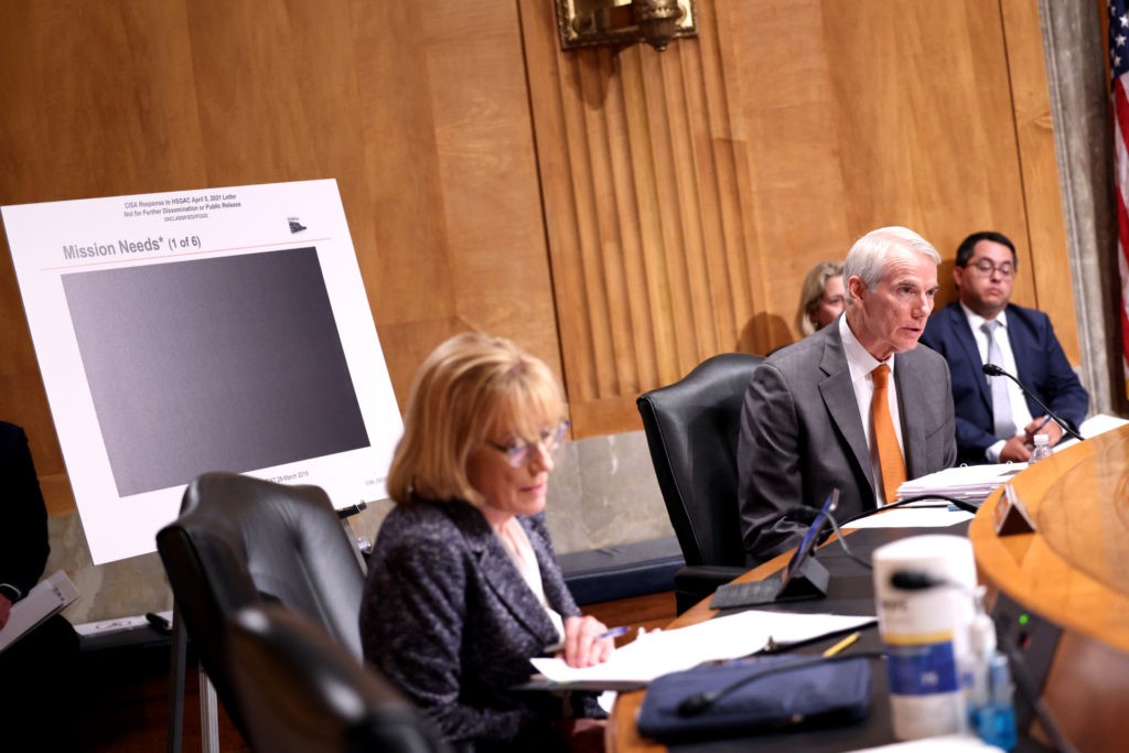 Sen. Rob Portman (R-OH) participates in a nomination hearing with Chris Inglis, nominee to be the National Cyber Director, and Jen Easterly, nominee to be the Director of the Homeland Security Cybersecurity and Infrastructure Security Agency, during a Senate Homeland Security and Governmental Affairs Committee in Washington, DC. These cybersecurity posts will have a focus on implementing a national cyber policy and defense against cyberattacks. (Photo by Kevin Dietsch/Getty Images)